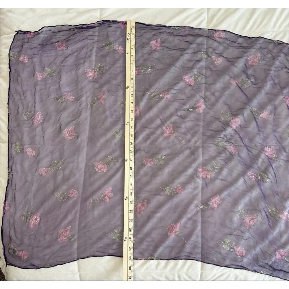 100% Silk Purple Sheer Floral Rose Scarf Shawl Wrap Metallic Accent 68x31